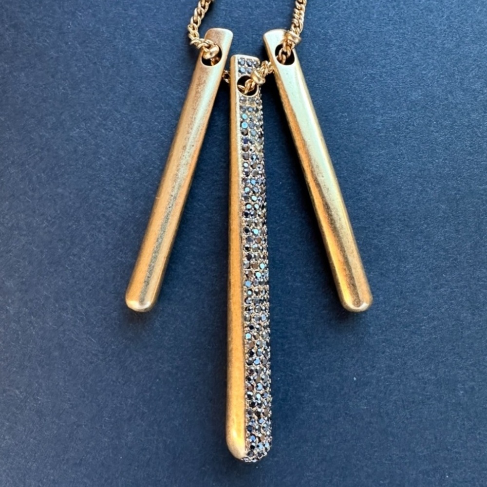 Modernistic Long Gold Tone Necklace With Amber Pavé Crystal Charm 28”- 35”